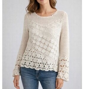 J McLaughlin White Crochet Knit Cotton Long Sleeve Pullover Sweater Women Medium
